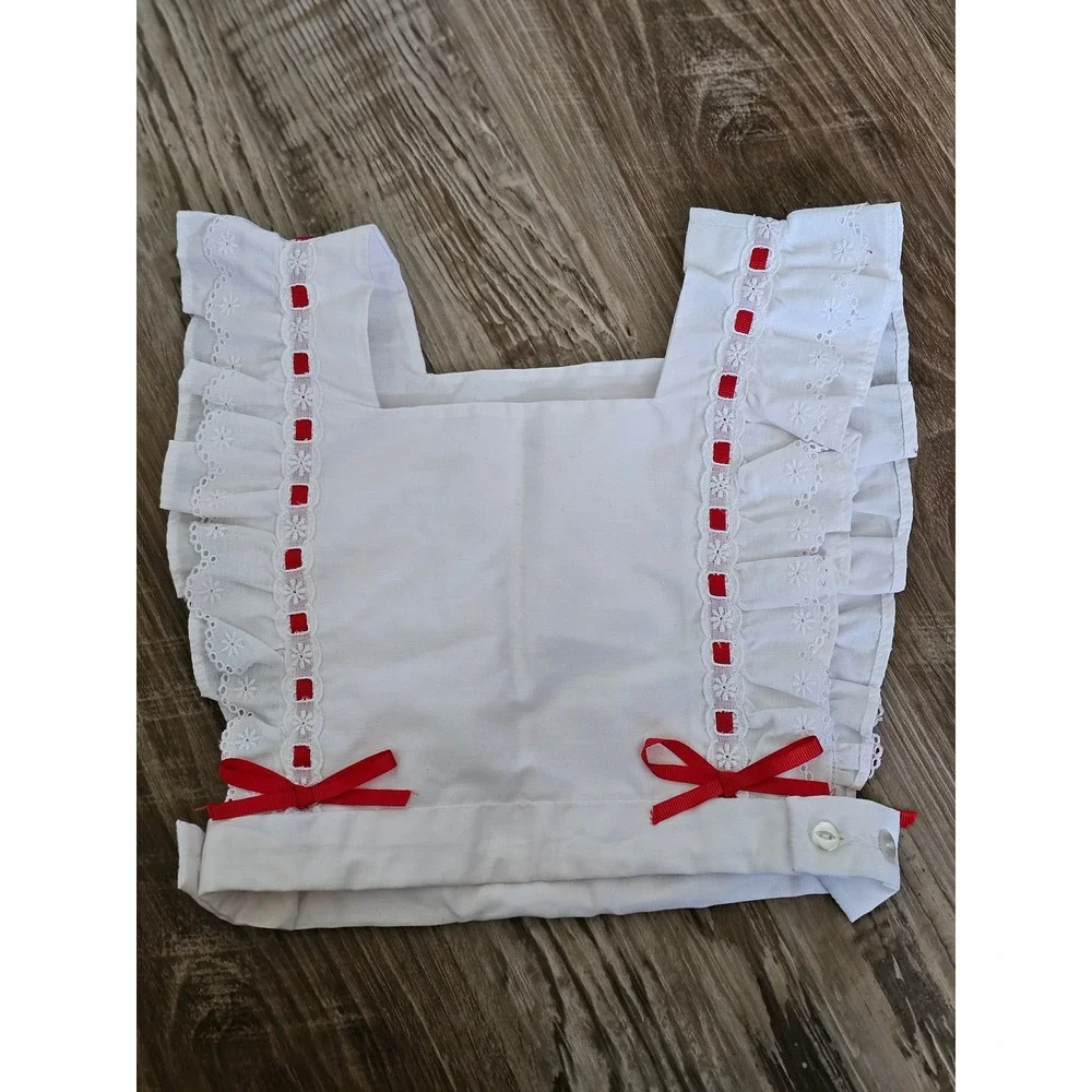 Vintage‎ Girls White Eyelet Lace Butterfly Pinafore Bib Top Red Gingham Bows